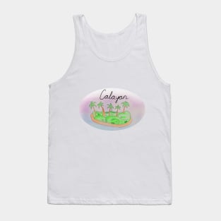 Calayan watercolor Island travel, beach, sea and palm trees. Holidays and vacation, summer and relaxation Tank Top